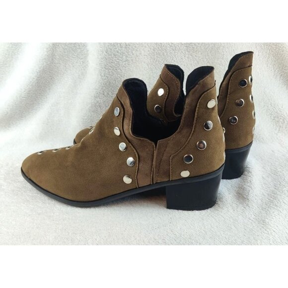 Studded Shoe Boot Two-Tone Brown Faux Leather Silver Studs Medium Block Heel - Picture 5 of 13